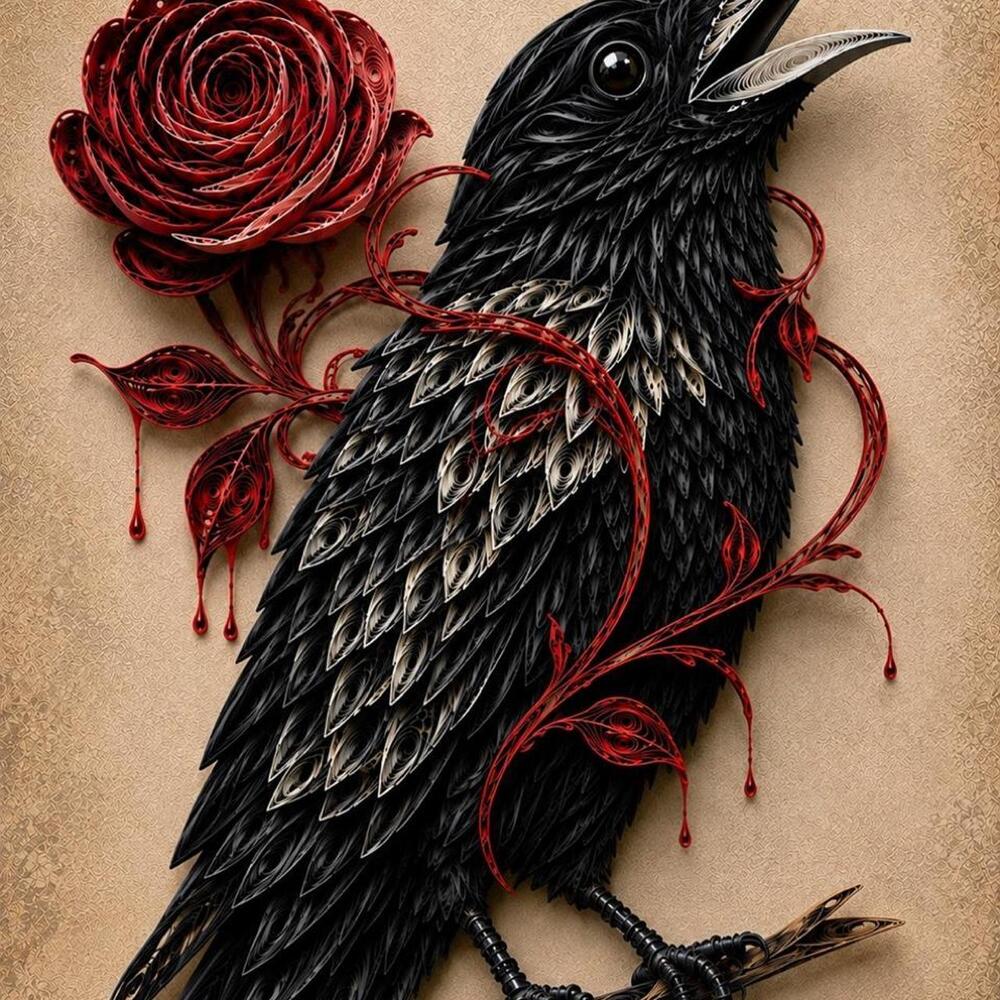 8x10 Framed Quilling-Style Raven and Red Rose Art Print